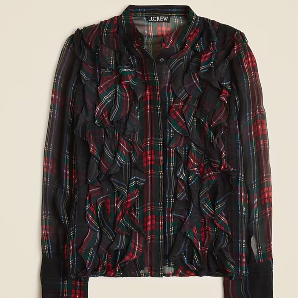 J. Crew Plaid Ruffle Blouse - Red and Green